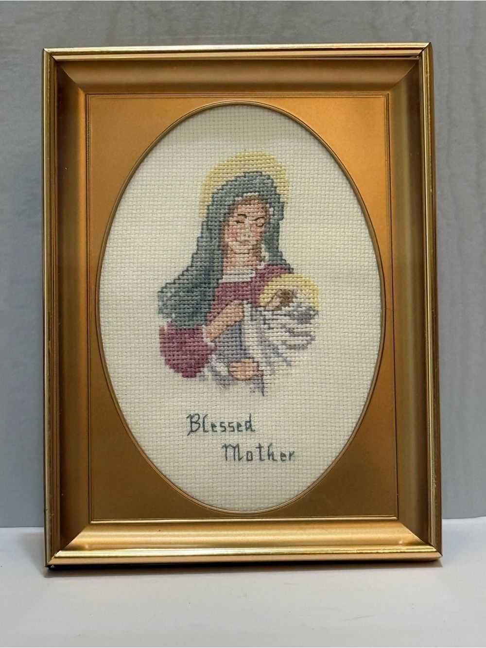 Vintage Framed Counted Cross Stitch Madonna Baby Jesus Blessed Mother Gold Frame